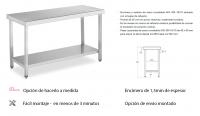 Mesa en ACERO INOX de trabajo con estante, profundidad de 600 mm